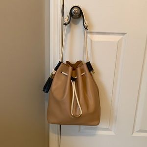 Vince Camuto Leather Bucket Bag. Oak, Ivory & Graphite with gold tone accent.